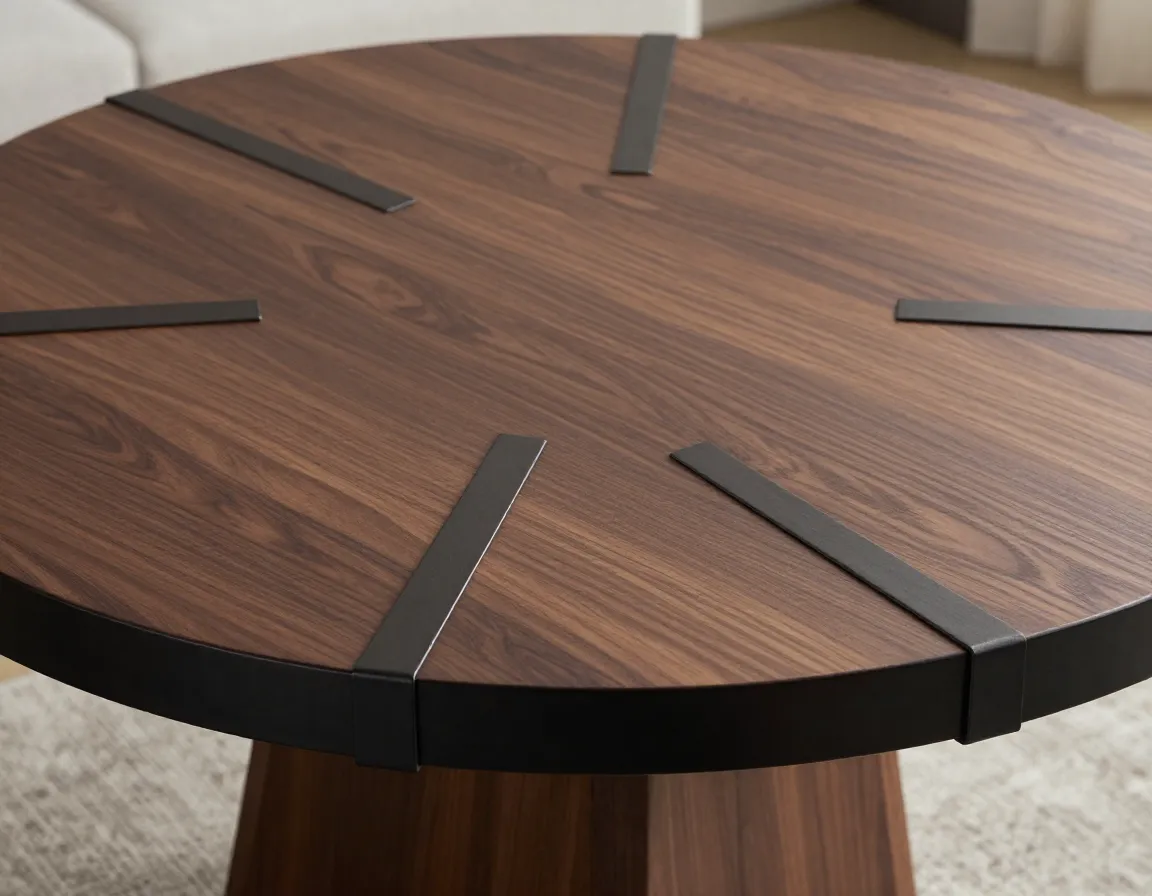 Dark walnut wood table with decorative black metal band accents