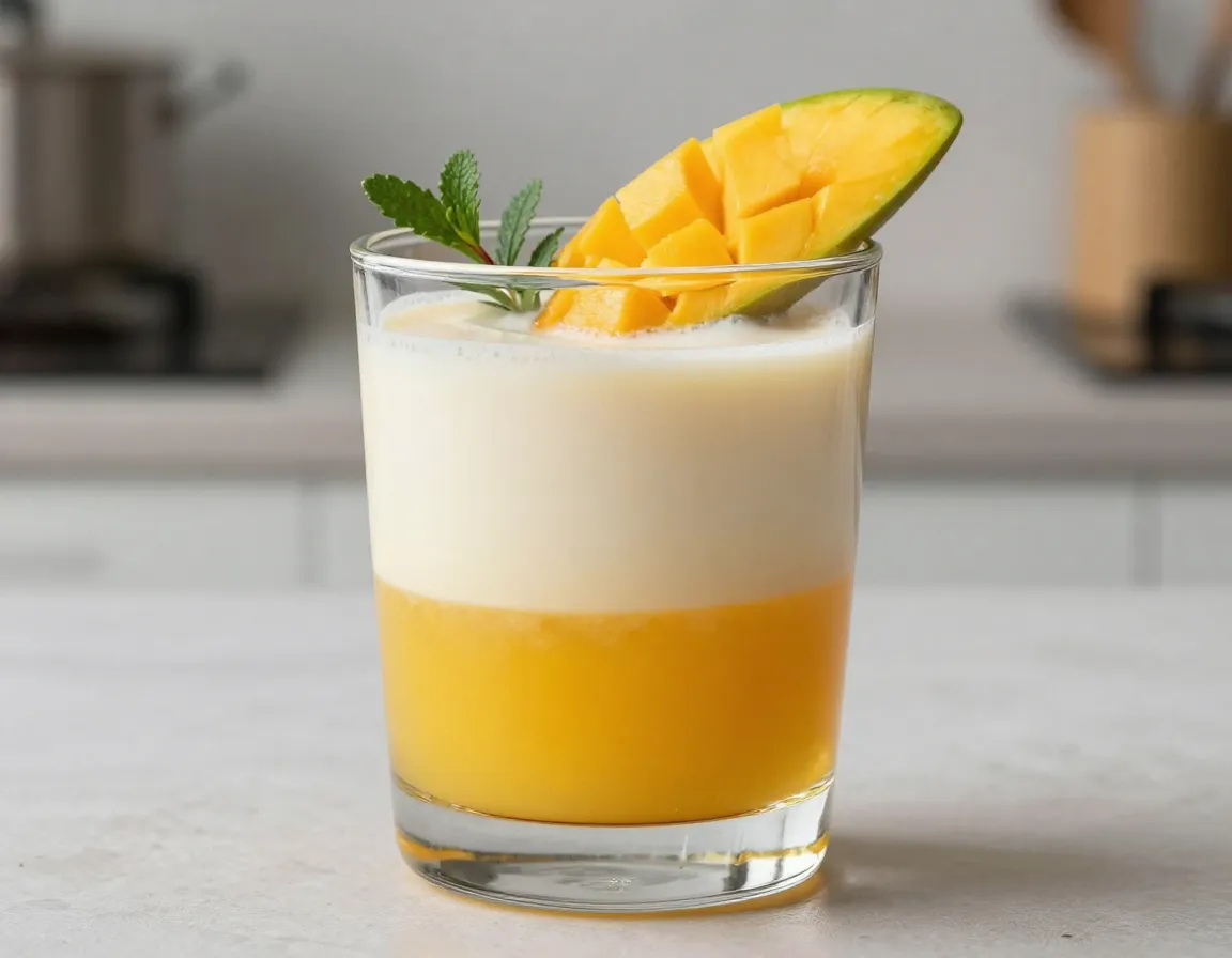 Layered mango turmeric tea in glass with fresh mango slice