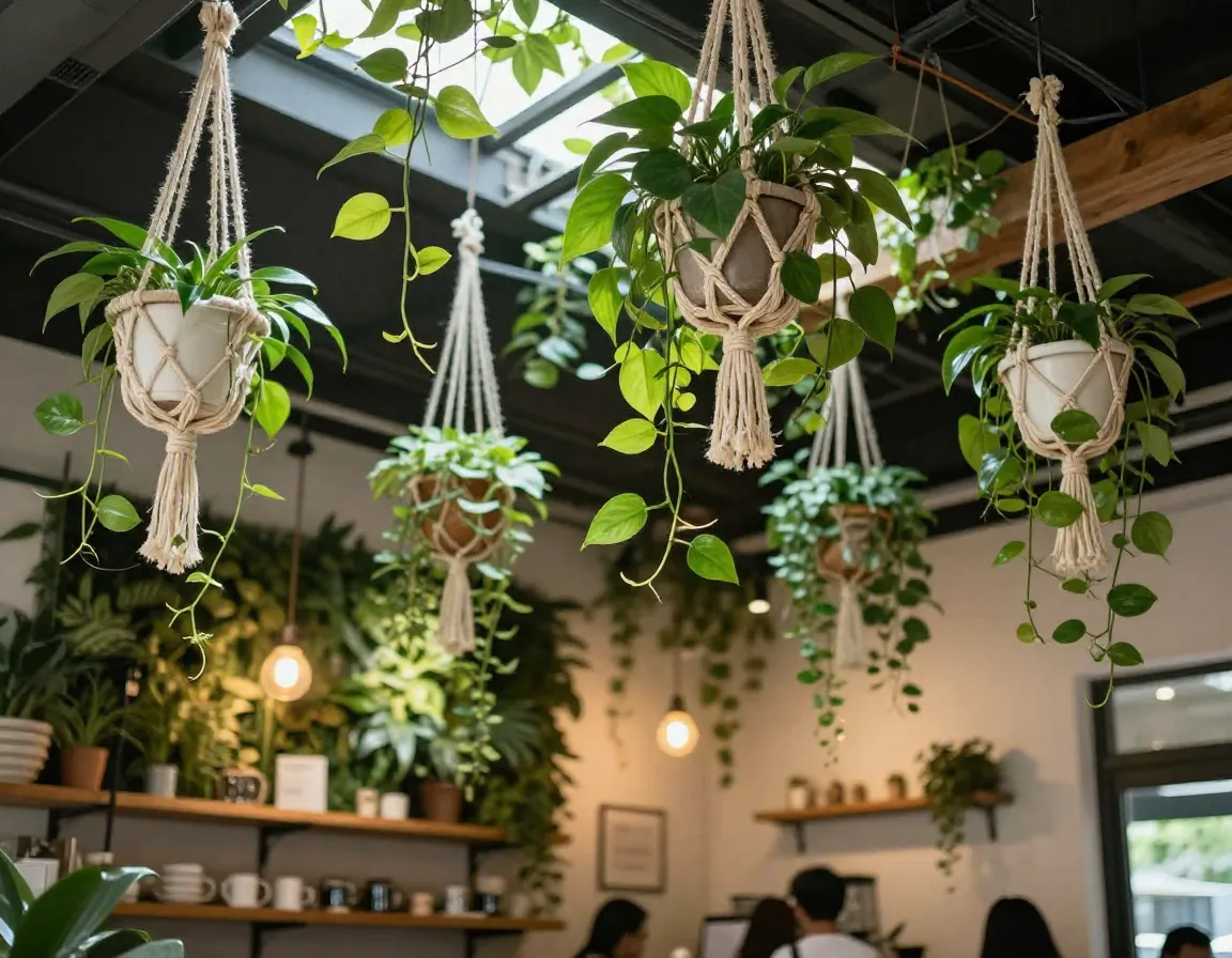 Cascading greenery softening hard edges in a coffee shop