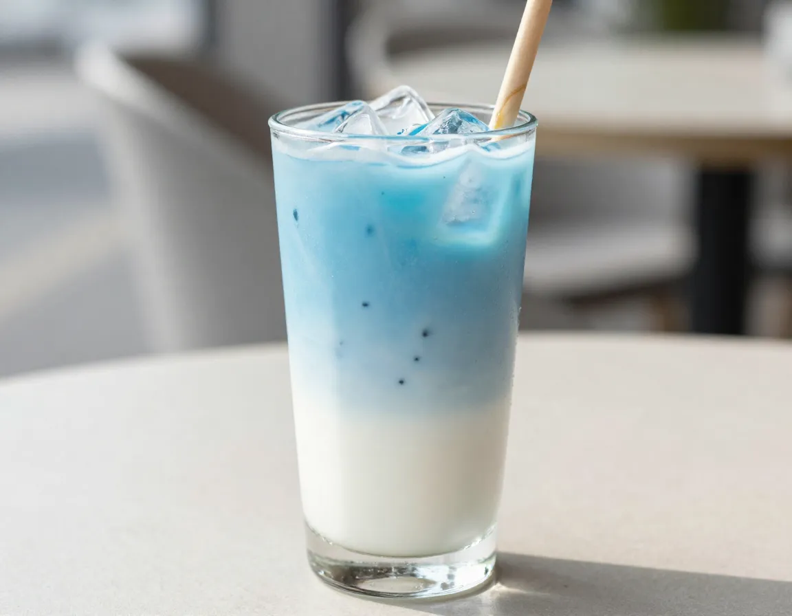 Iced blue matcha latte with oat milk in a tall glass