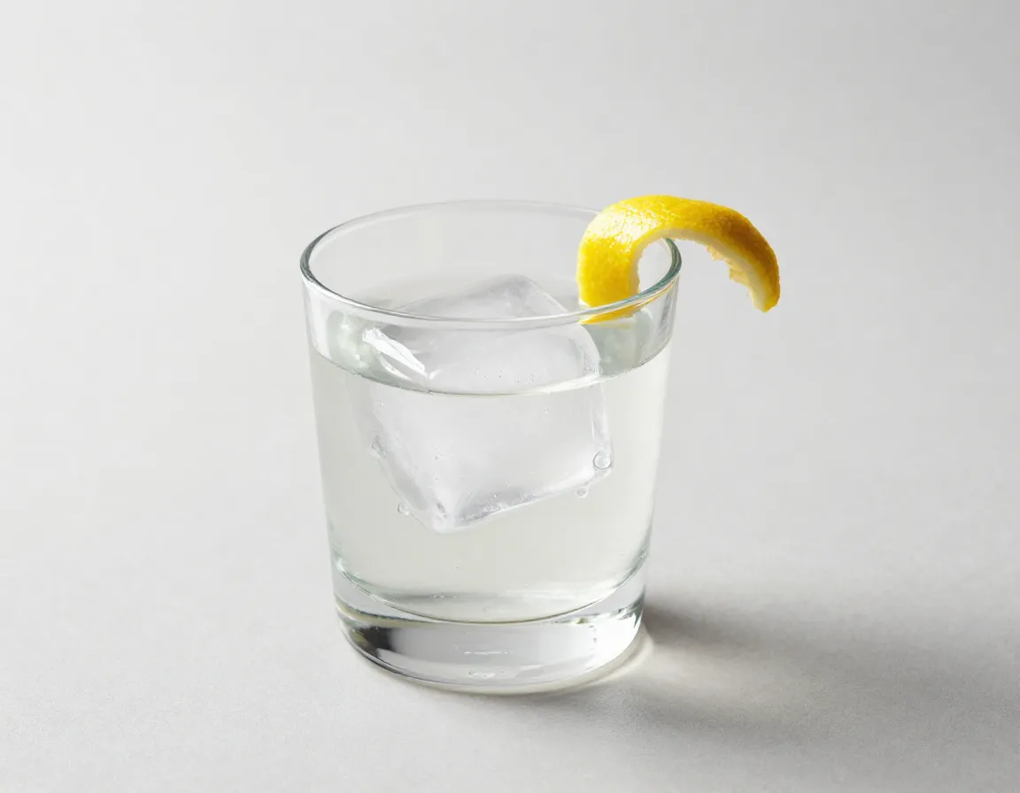 The skinny dip cocktail featuring a large ice cube in a rocks glass