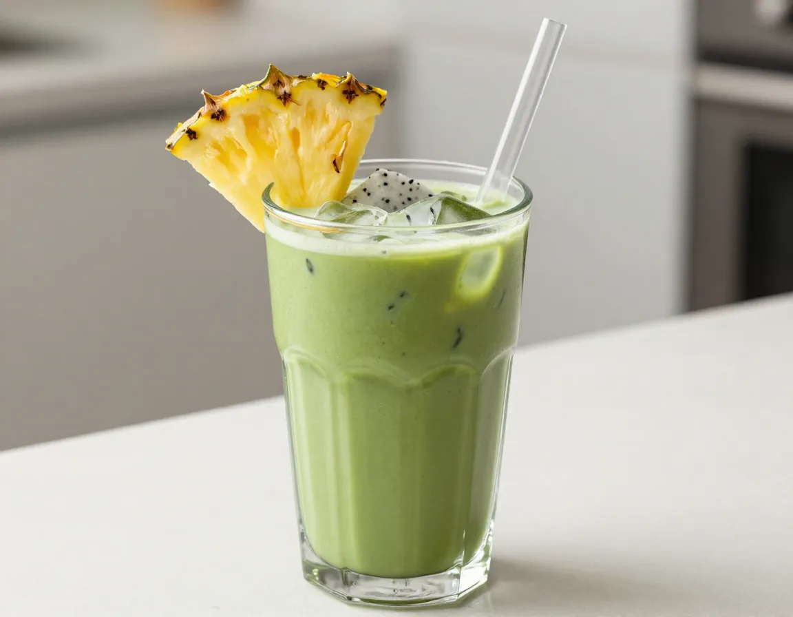 Vibrant green matcha coconut milk refresher with tropical fruit