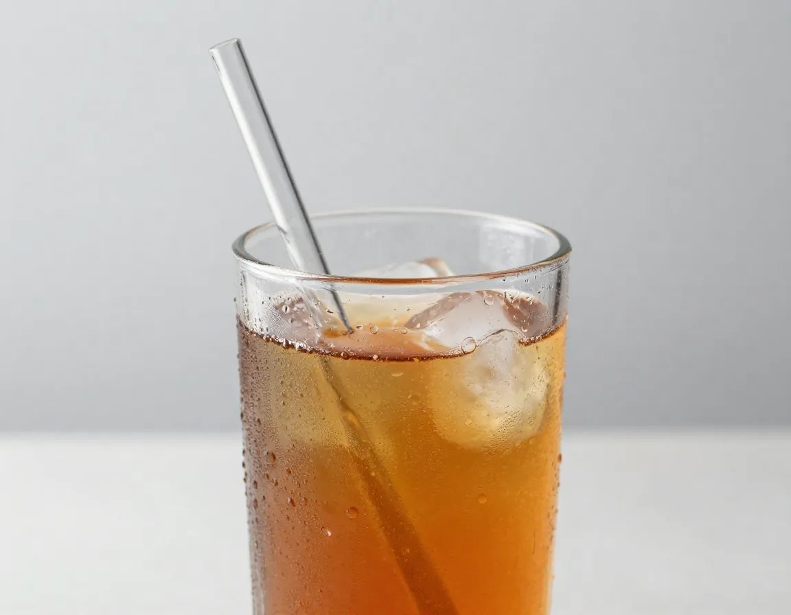 Glass straw in clear iced tea with condensation on tall glass
