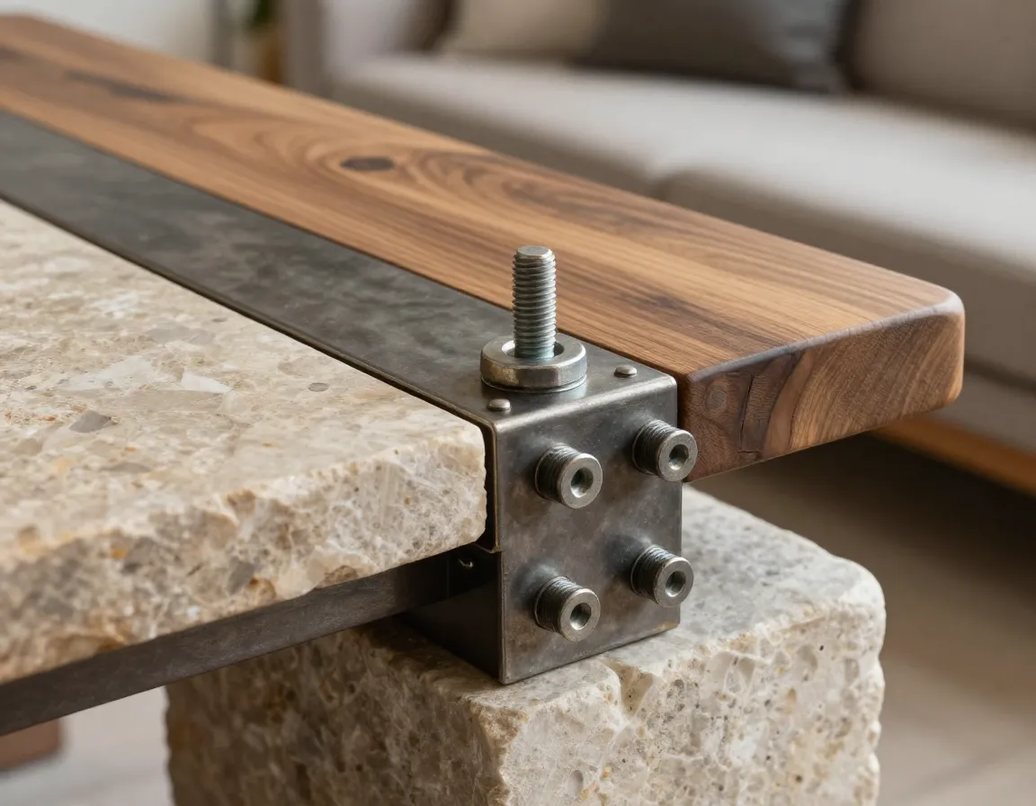 Mixed material table combining wood metal and stone with hardware