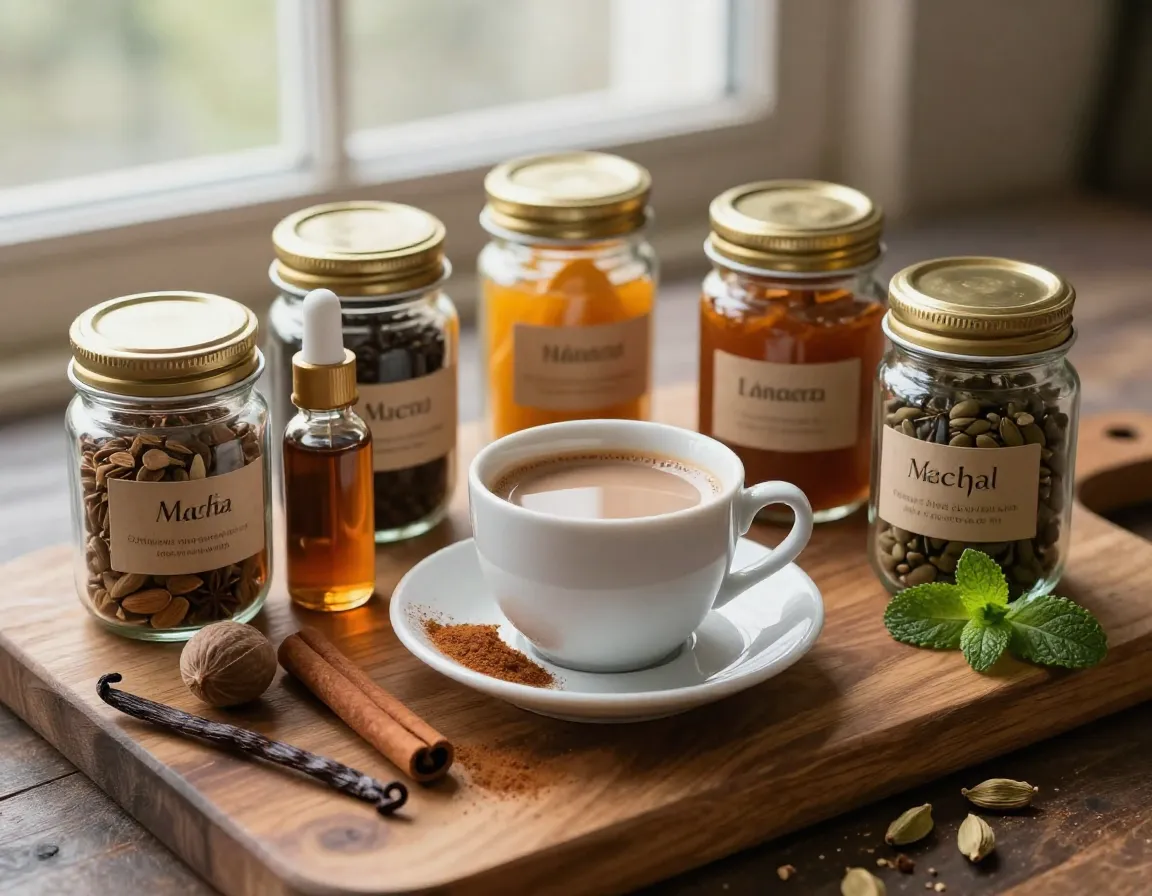Spice jars and extract bottles for flavoring a mocha