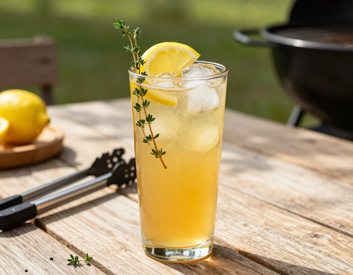 Sweet tea vodka lemonade with lemon wheel and thyme sprig