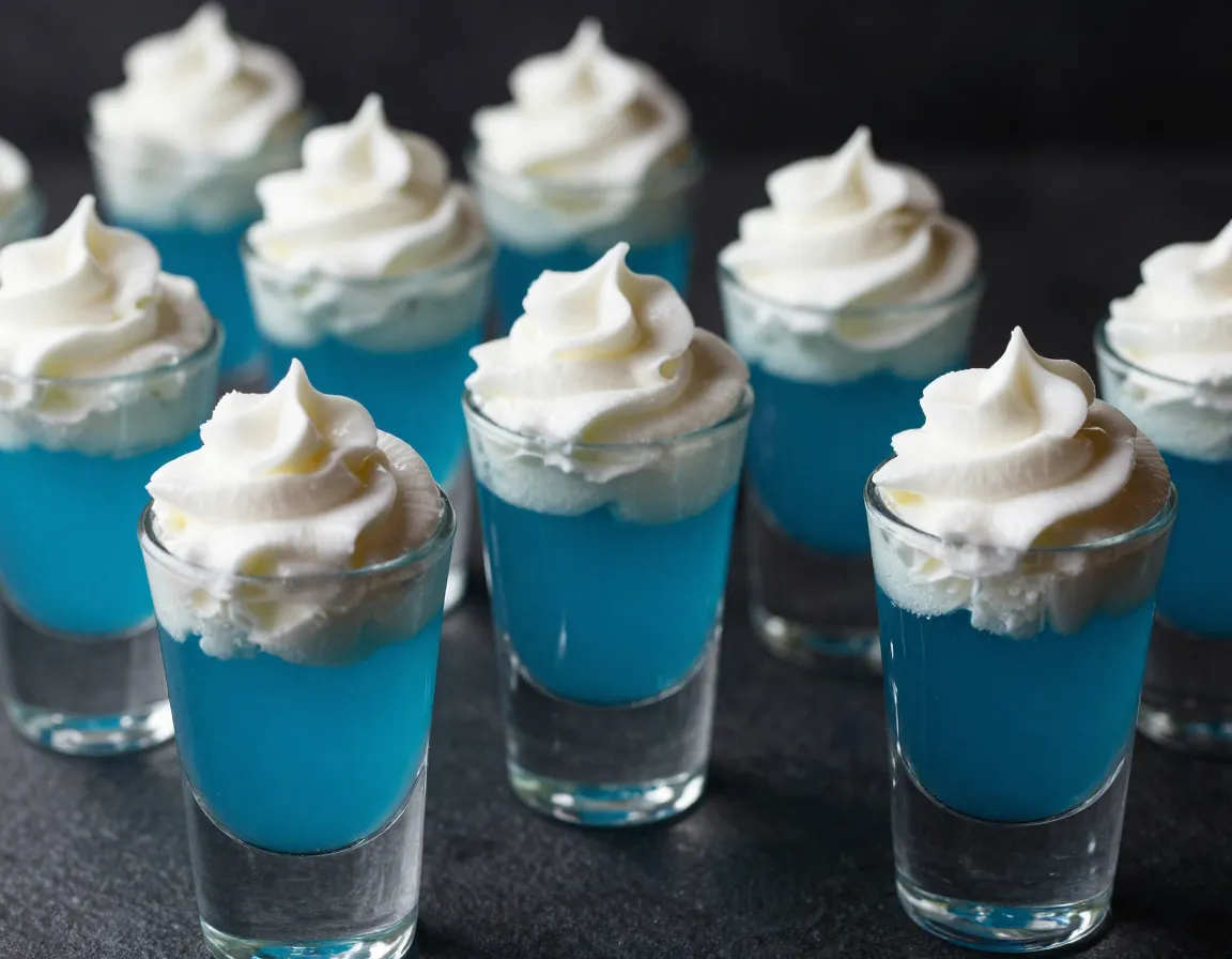 Blue matcha dessert shots with coconut cream topping