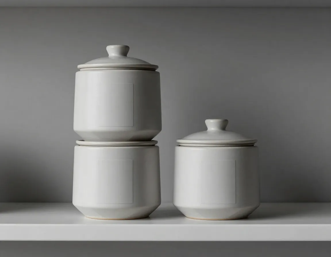 Clean geometric minimalist ceramic tea jar in a stackable configuration