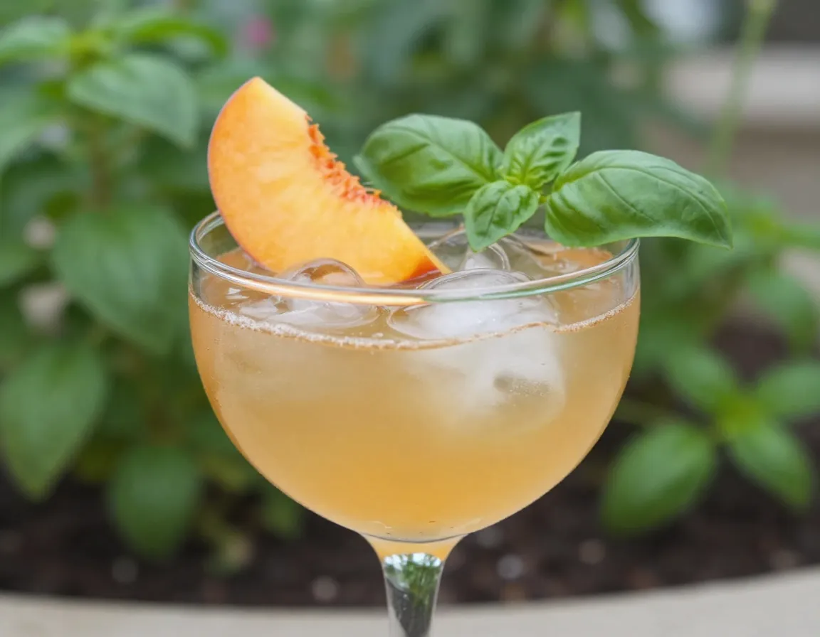 Deep eddy peach tea with peach wedge and fresh basil leaf