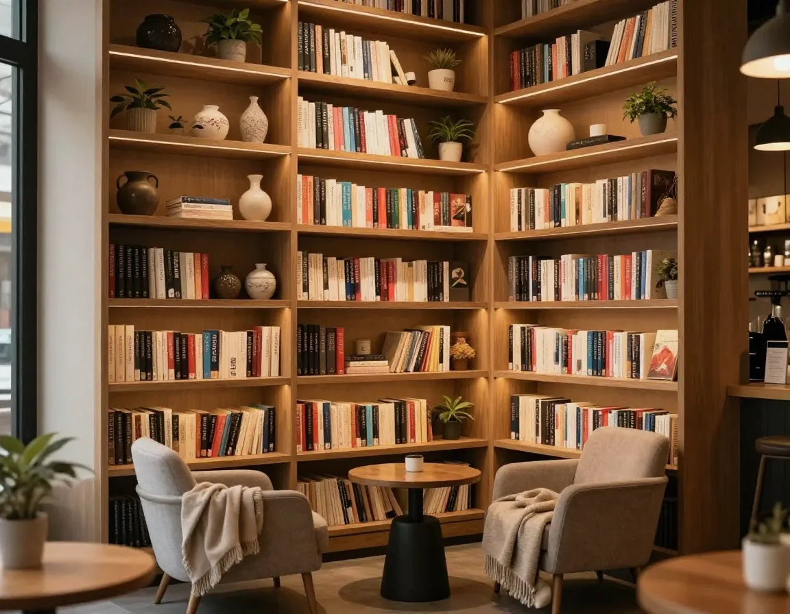 Bookshelf sanctuary inviting exploration in a cozy cafe corner