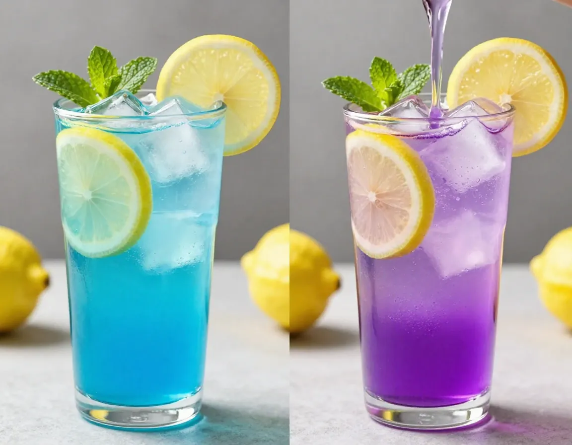 Color changing blue matcha lemonade transforming to purple