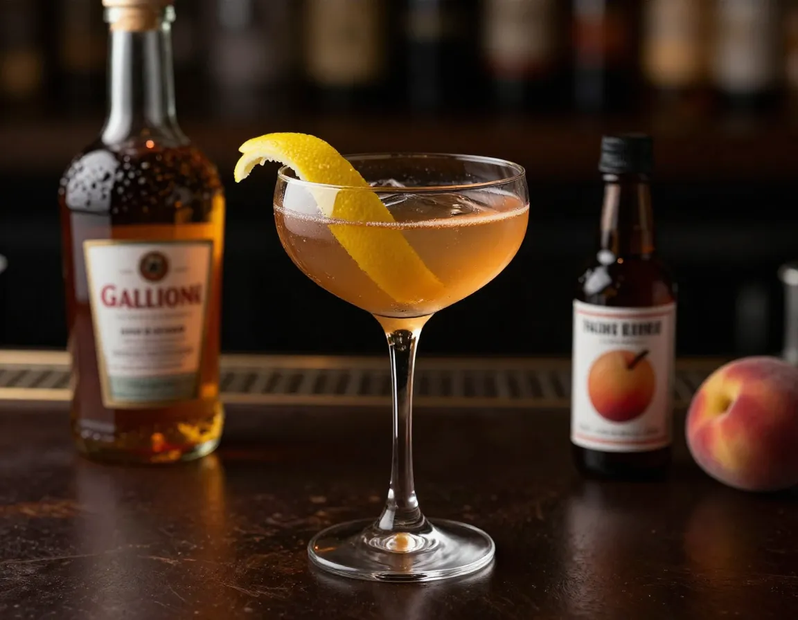 Sophisticated vodka ice tea with lemon peel and peach bitters