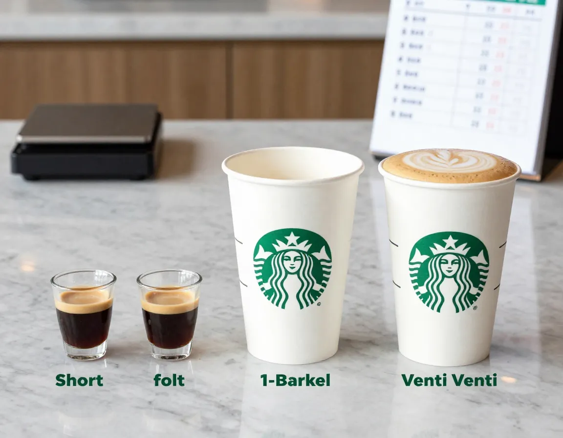 Different sized cups with varying coffee shot concentrations