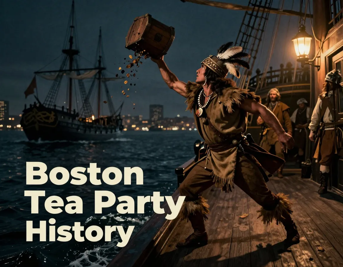 Colonial protestor throwing tea chest into boston harbor night