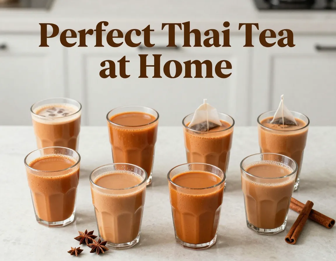 Eight varied thai tea drinks with spices flat lay