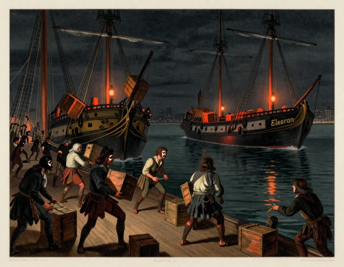 Colonists in native disguise dumping tea chests from ship in boston harbor at night