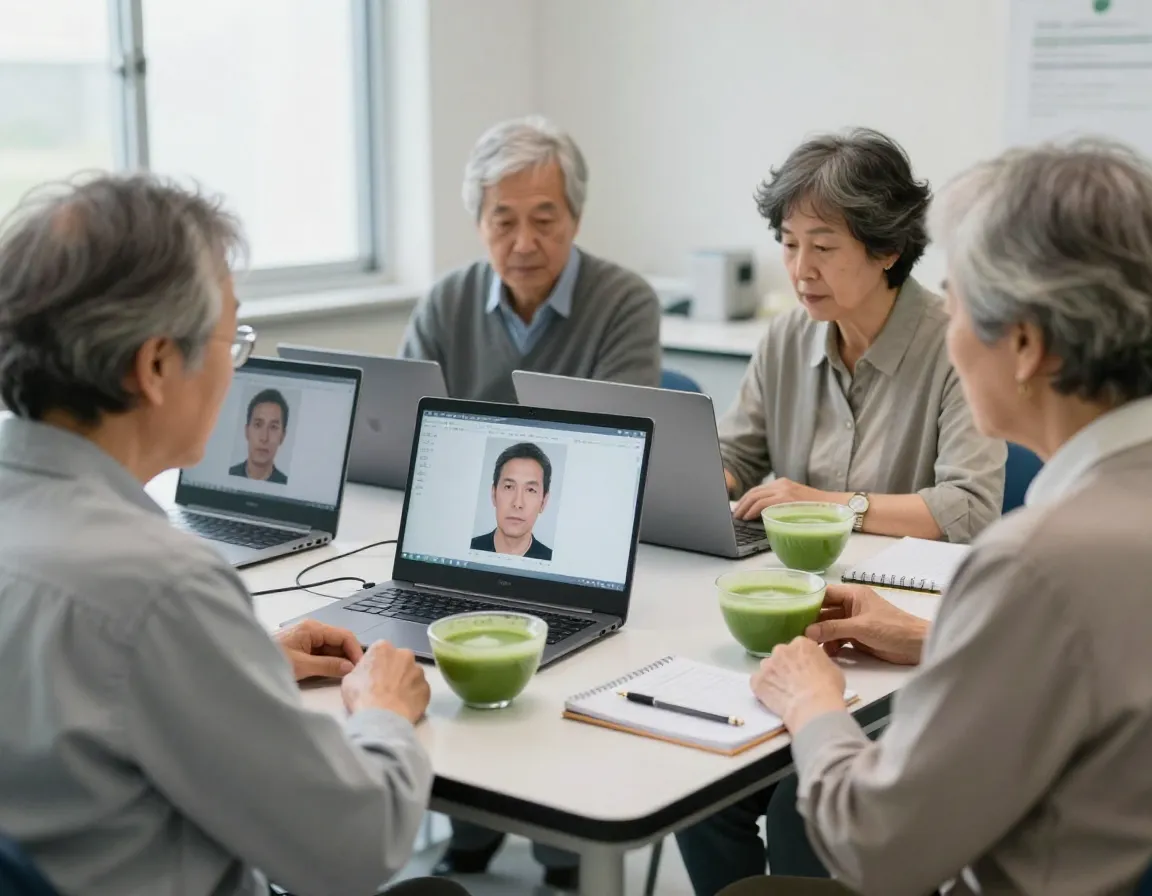 Elderly adults focusing on facial recognition test with matcha