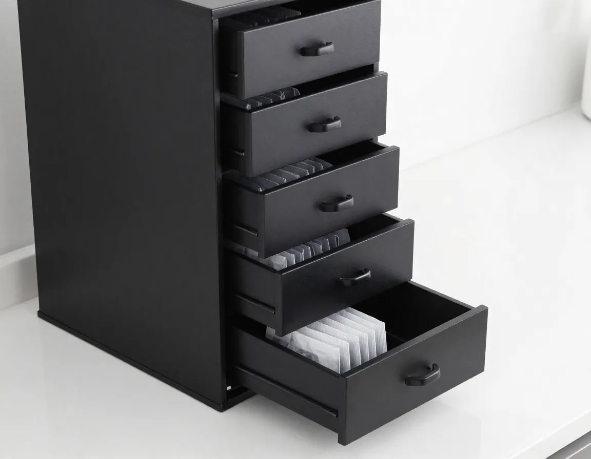 Sleek black standing tea organizer with eleven removable loaded drawers