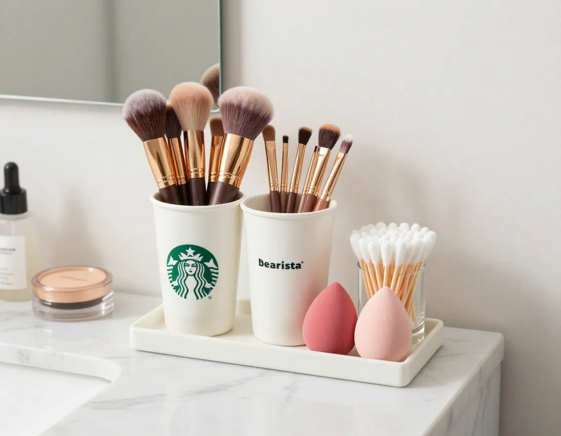Bearista cup makeup brush organizer on bathroom vanity