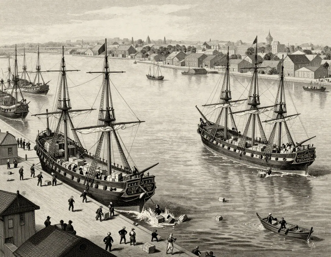 Birds eye view of organized colonists destroying tea on multiple ships in harbor