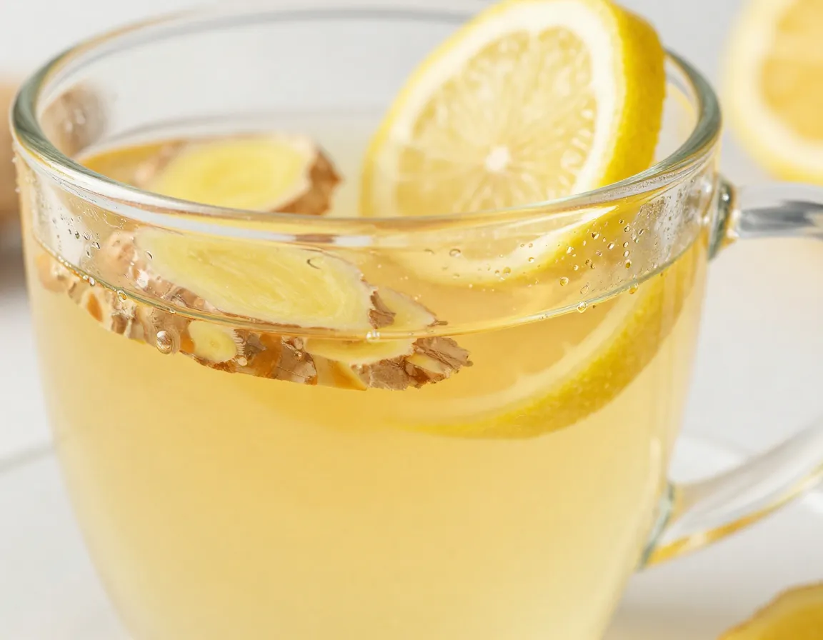 Digestive health ginger tea with fresh root slices and lemon