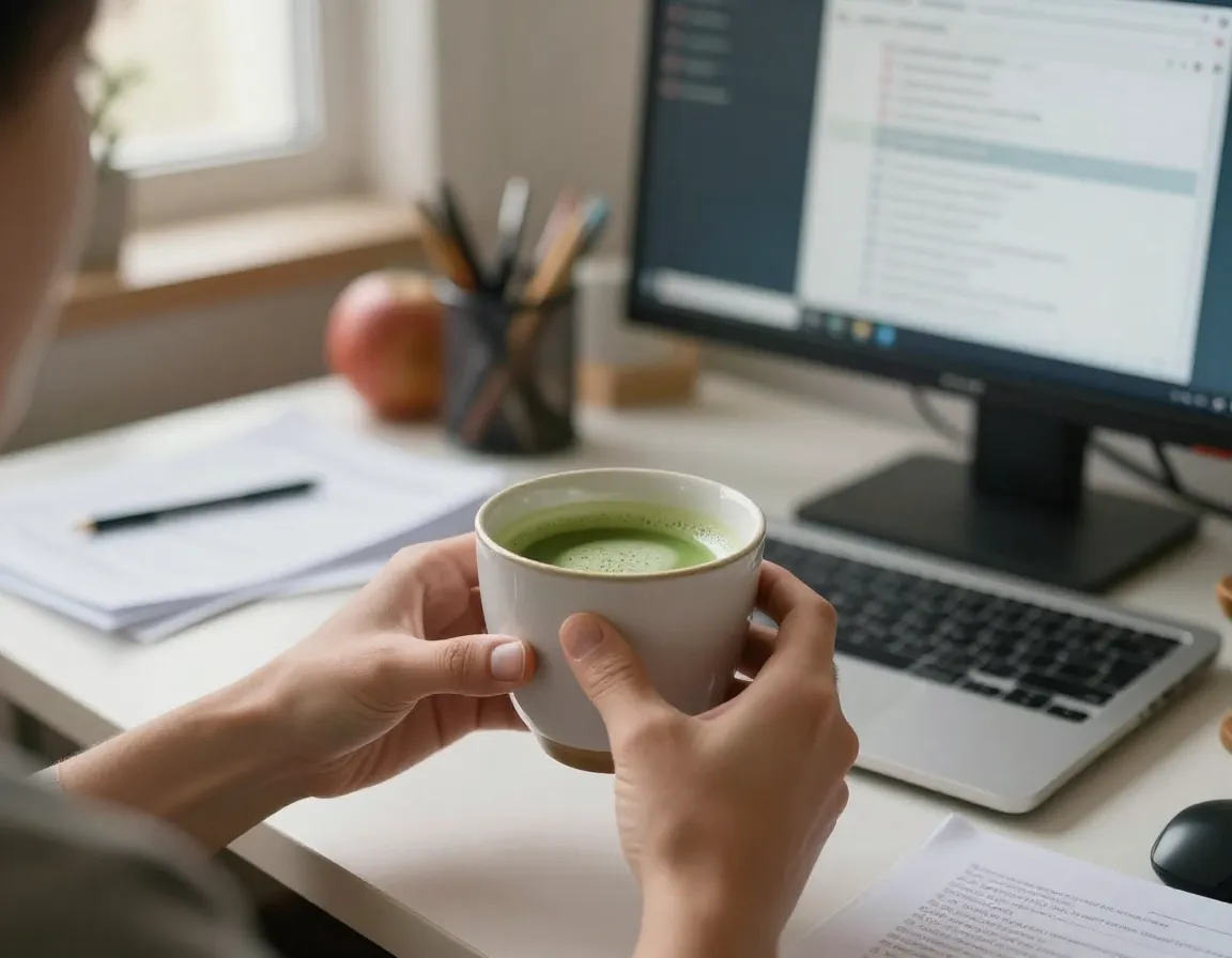 Person holding matcha cup feeling calm at busy workstation