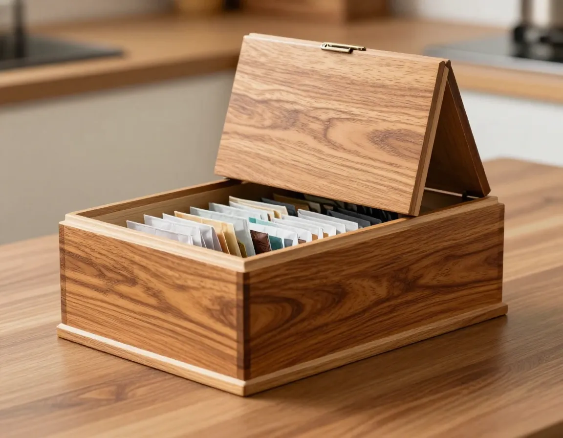 Traditional acacia wood tea box with hinged lid on kitchen counter