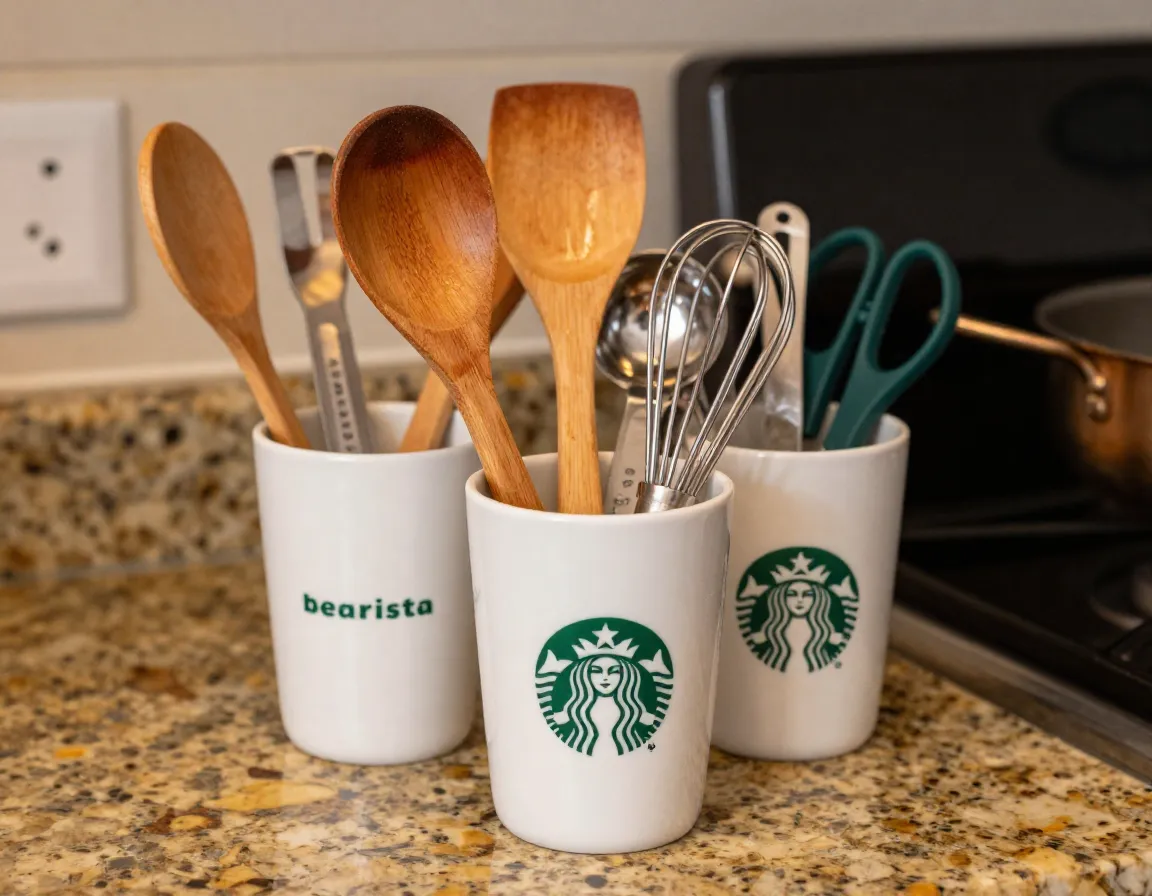 Bearista cup kitchen utensil holder with wooden spoons