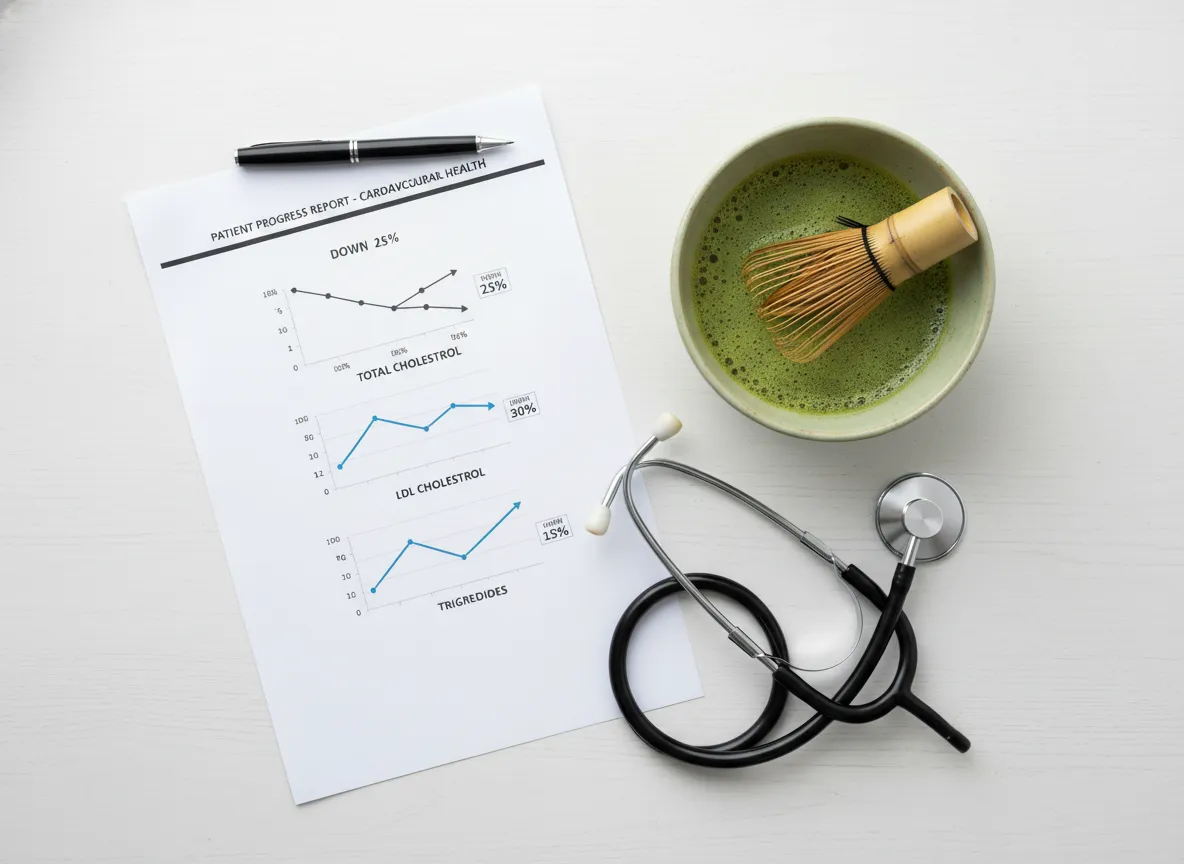 Medical chart showing improved cholesterol levels next to matcha