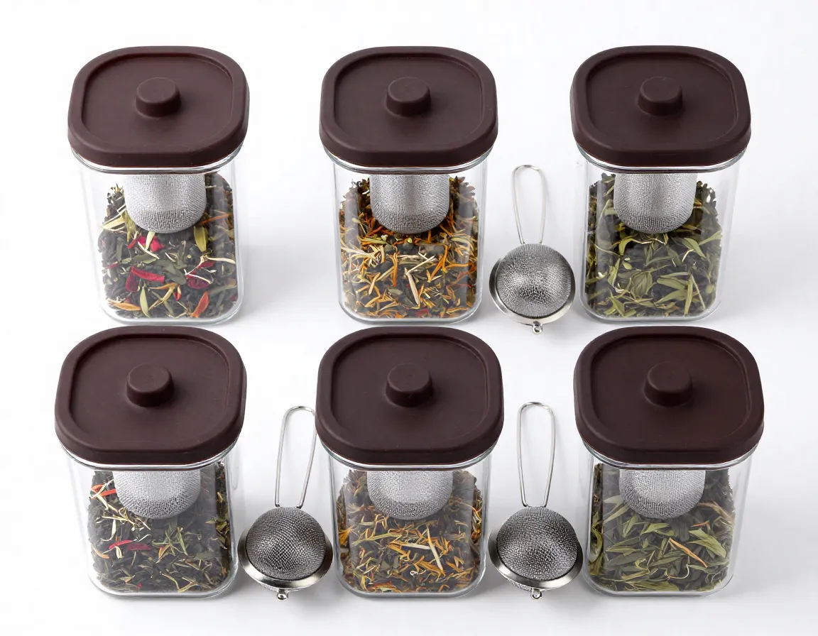 Set of six clear canisters with silicone lids and mesh infuser