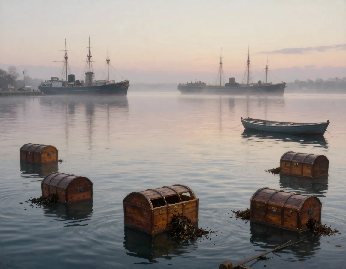 Aftermath scene of wooden tea chests floating in boston harbor at dawn