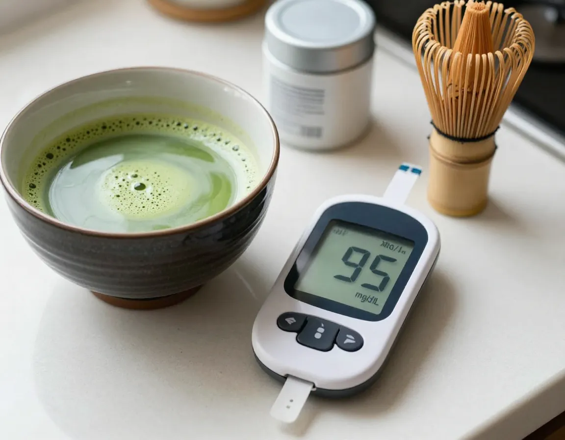 Blood glucose monitor showing stable reading beside matcha bowl