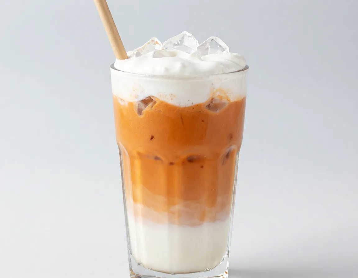 Layered traditional thai iced tea in tall glass