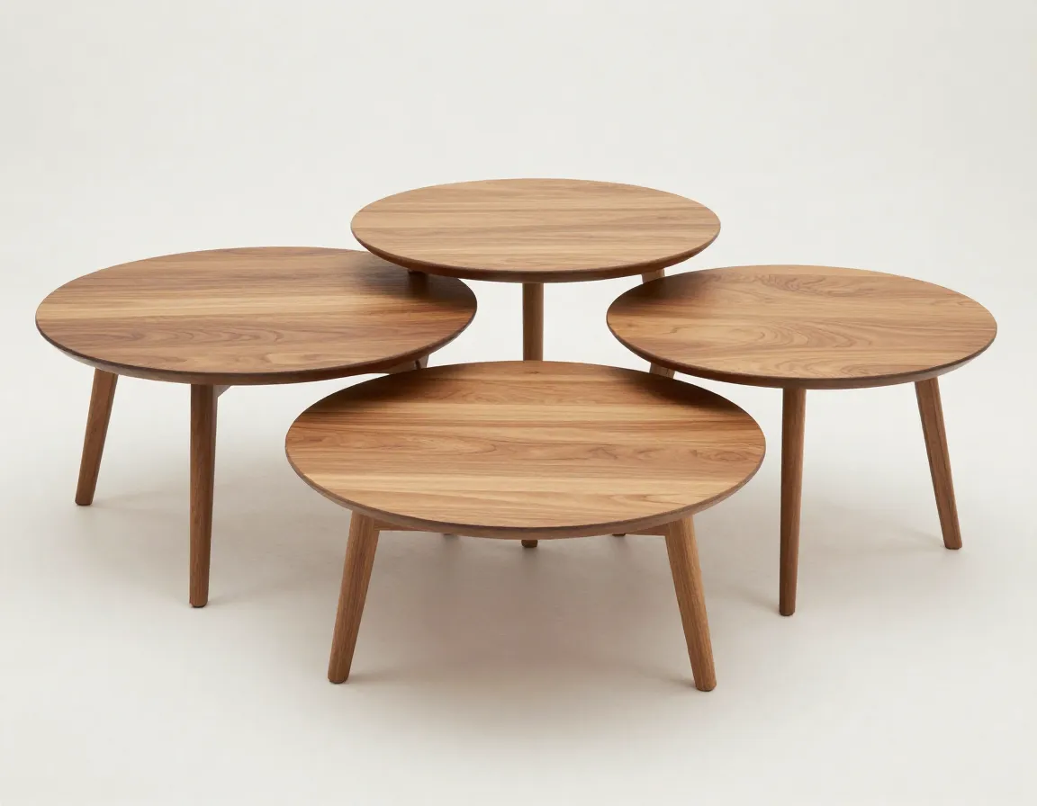 Set of three nested round wood coffee tables in warm finish