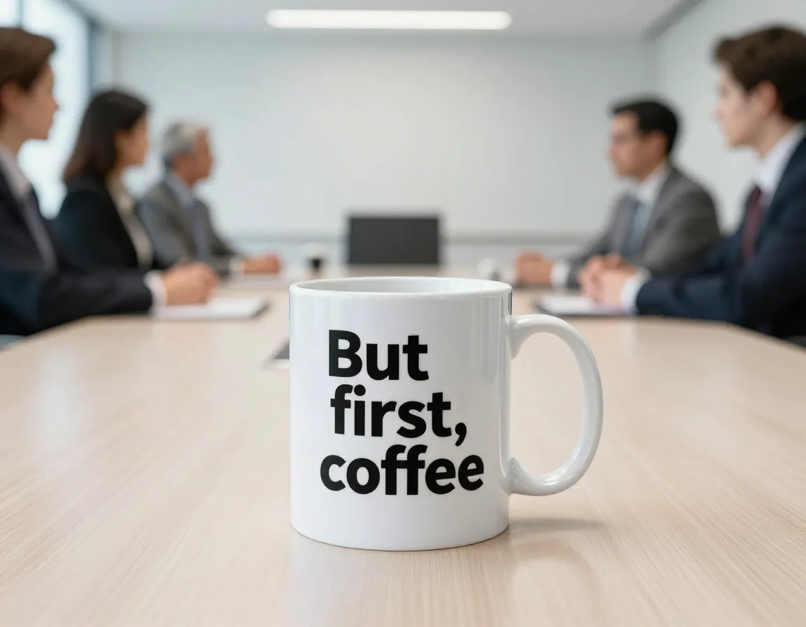 But first coffee quote mug facing out on an office meeting table