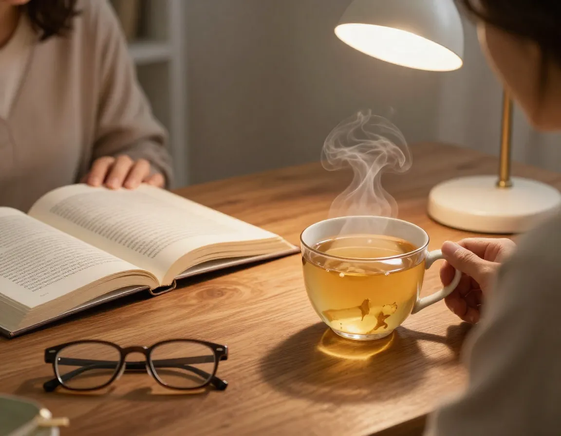 Cognitive enhancement ginger tea steeping beside open book
