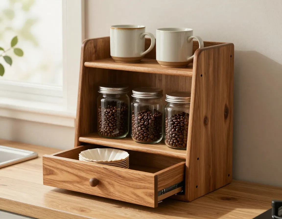 Multi tier wooden coffee station with mugs beans and filters