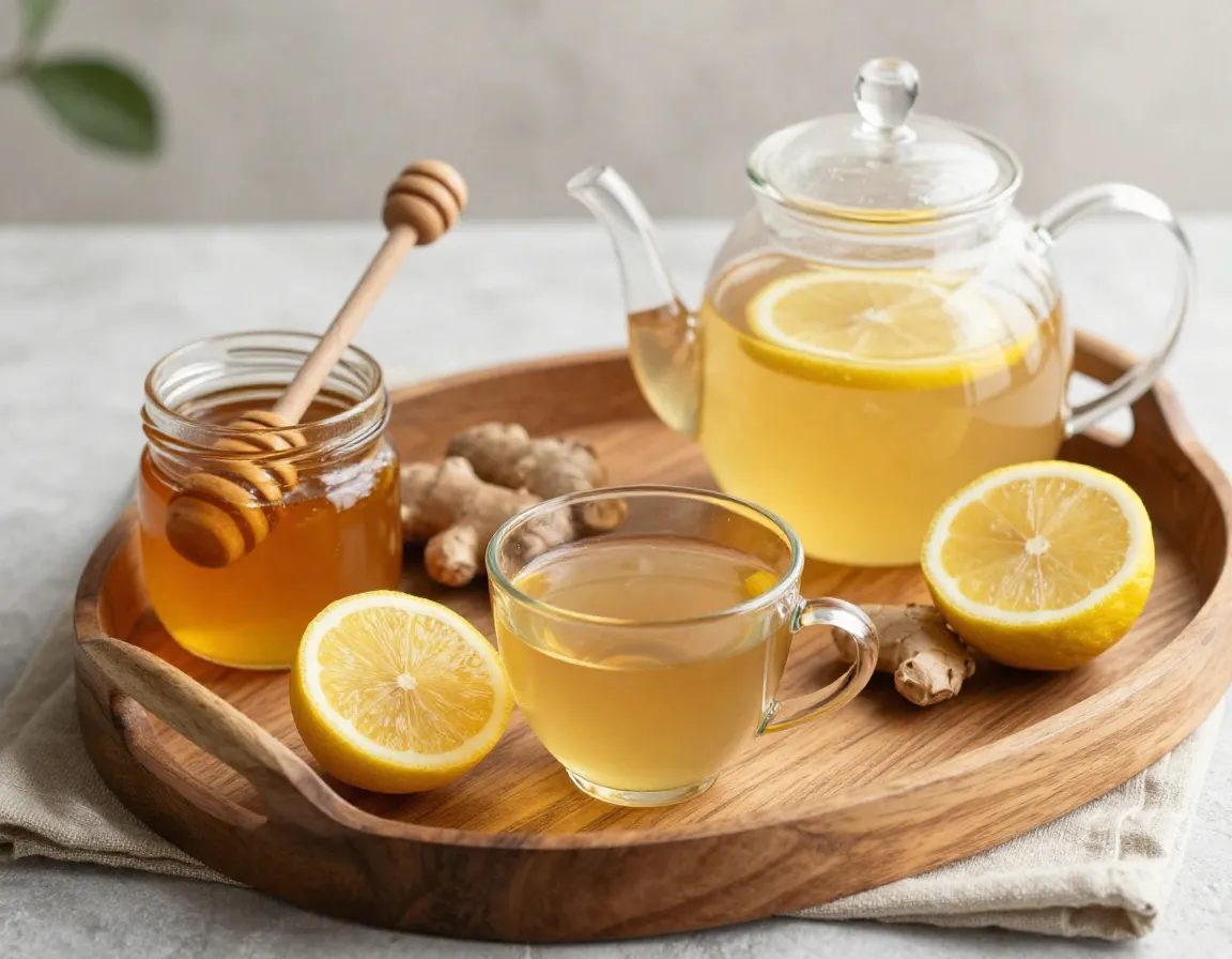 Immune boosting ginger tea with lemon and honey on tray