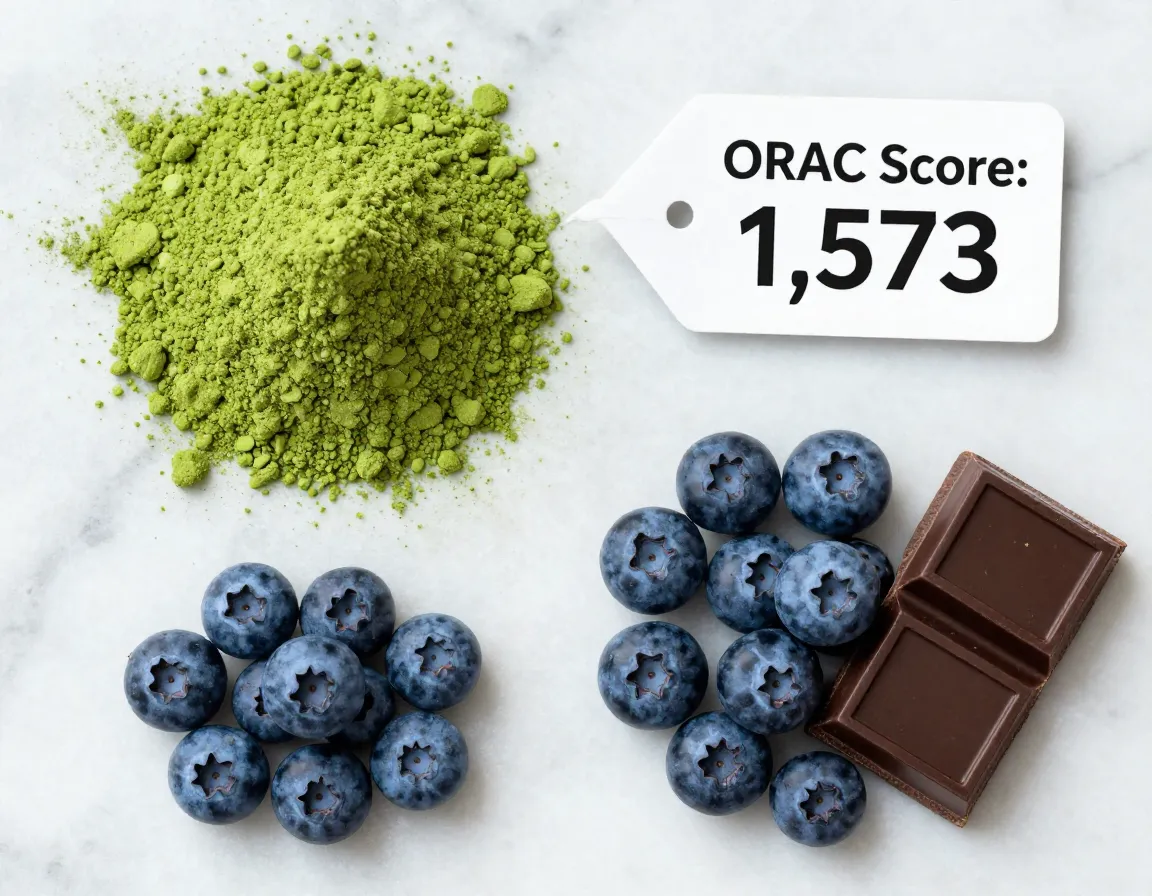 Vibrant matcha powder with blueberries and dark chocolate comparison
