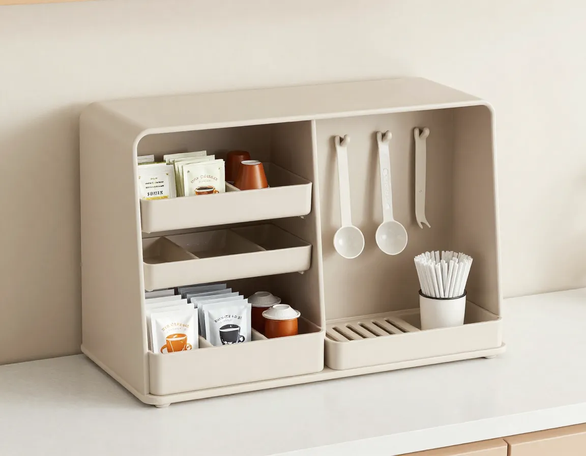 All in one beverage station with tea coffee and accessory storage