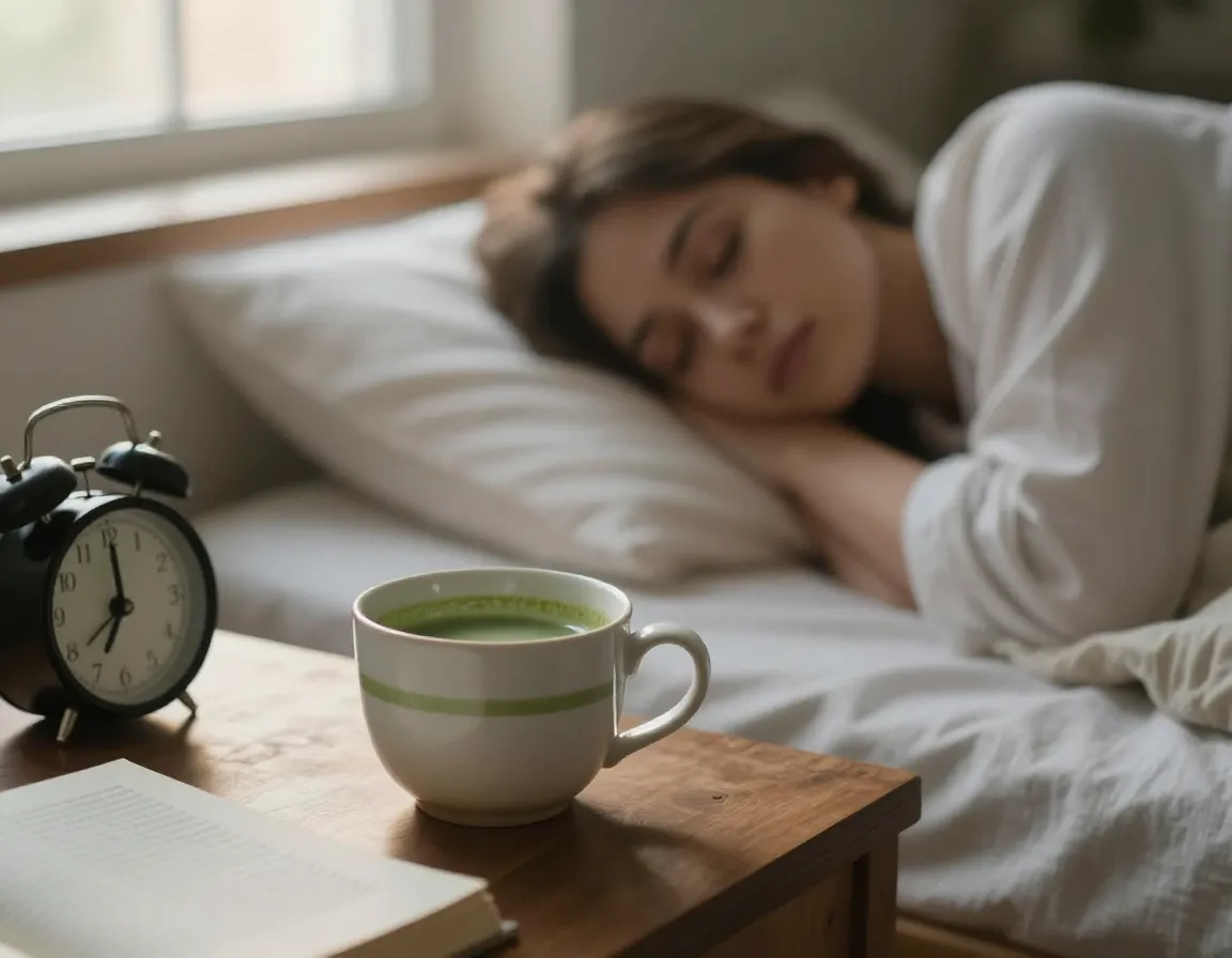 Person sleeping peacefully with matcha cup on morning bedside table