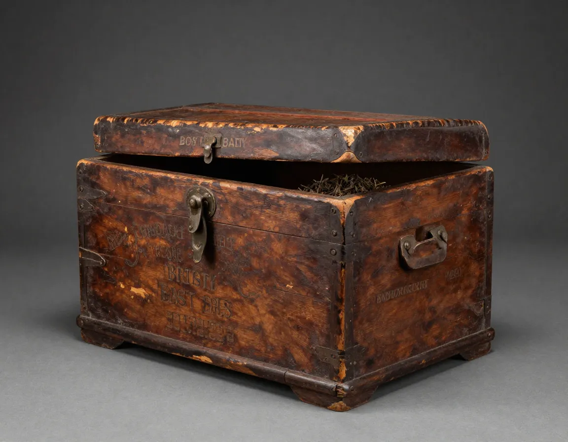 Professional studio photograph of authentic tea chest artifact from the event