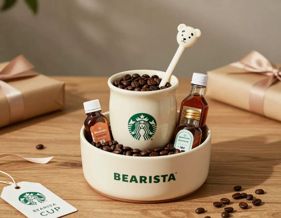 Bearista cup gift container with coffee beans spoons