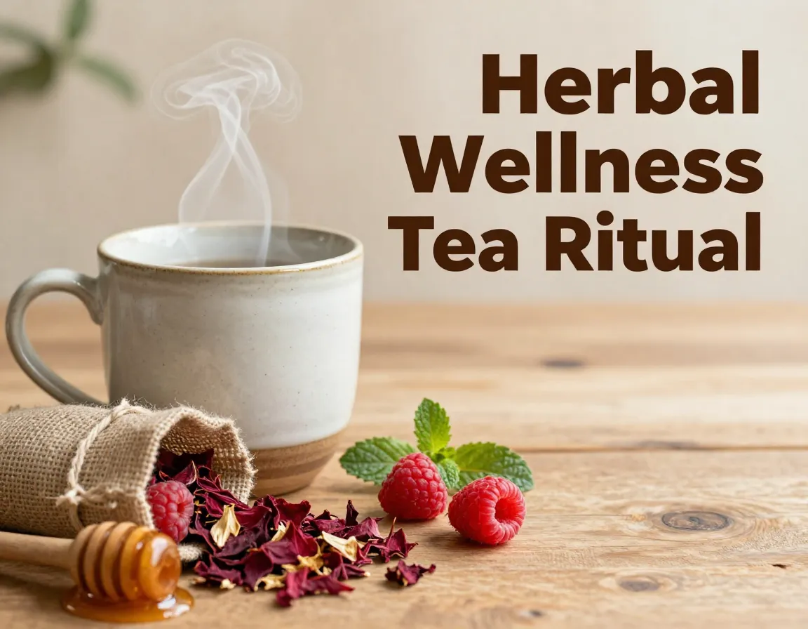 Rustic ceramic mug steaming red raspberry leaf tea wellness ritual