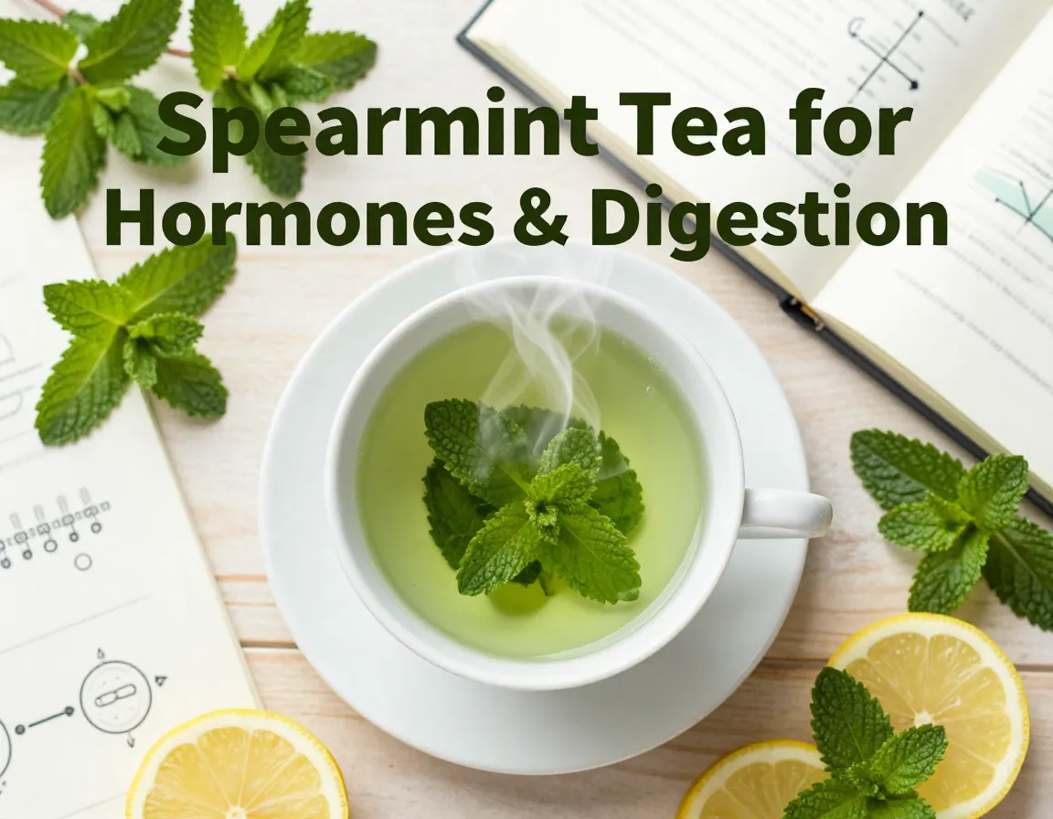 Spearmint tea cup leaves notebook hormone balance digestive health