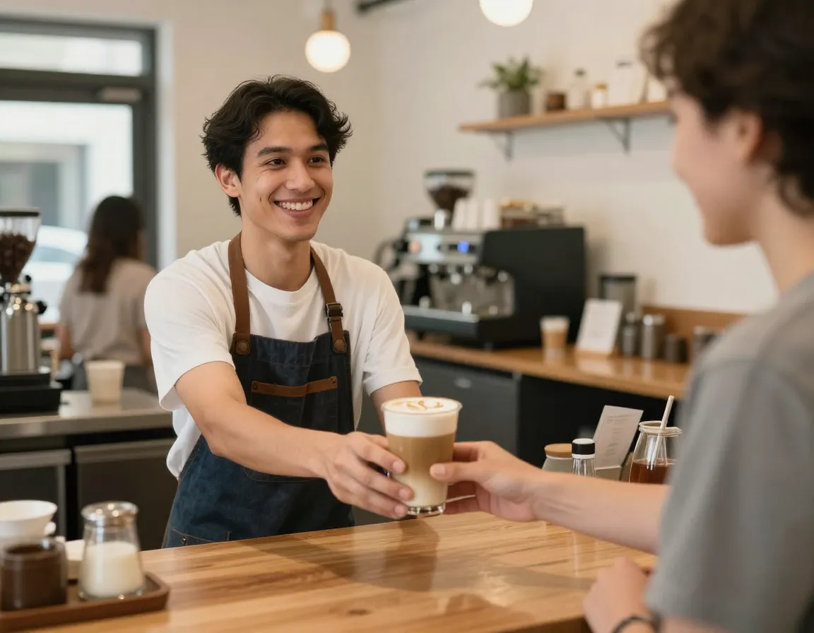Barista smiles warmly handing a regular customer their usual coffee drink