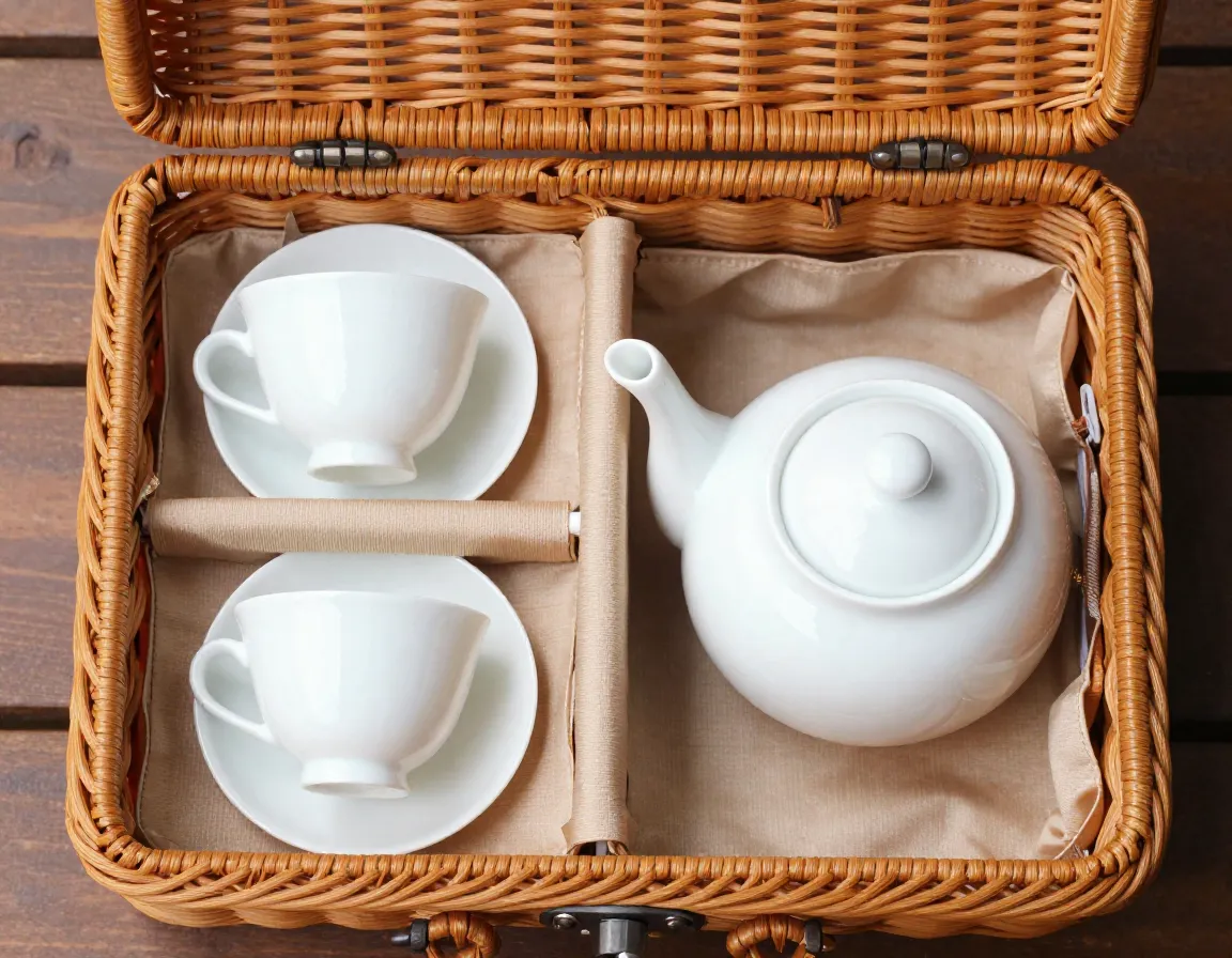 Bee like kids porcelain tea set for two in wicker basket composition