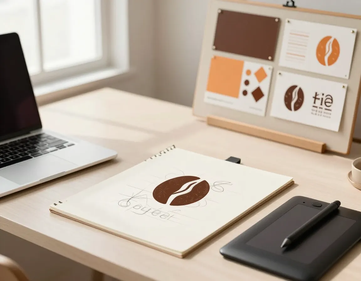 Designer workstation modern logo sketch featuring coffee bean vector