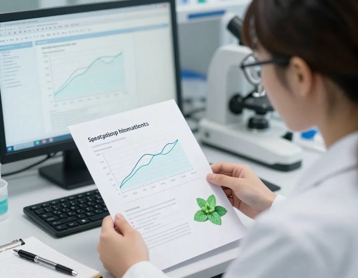 Female scientist analyzing clinical data on spearmint tea hormone levels