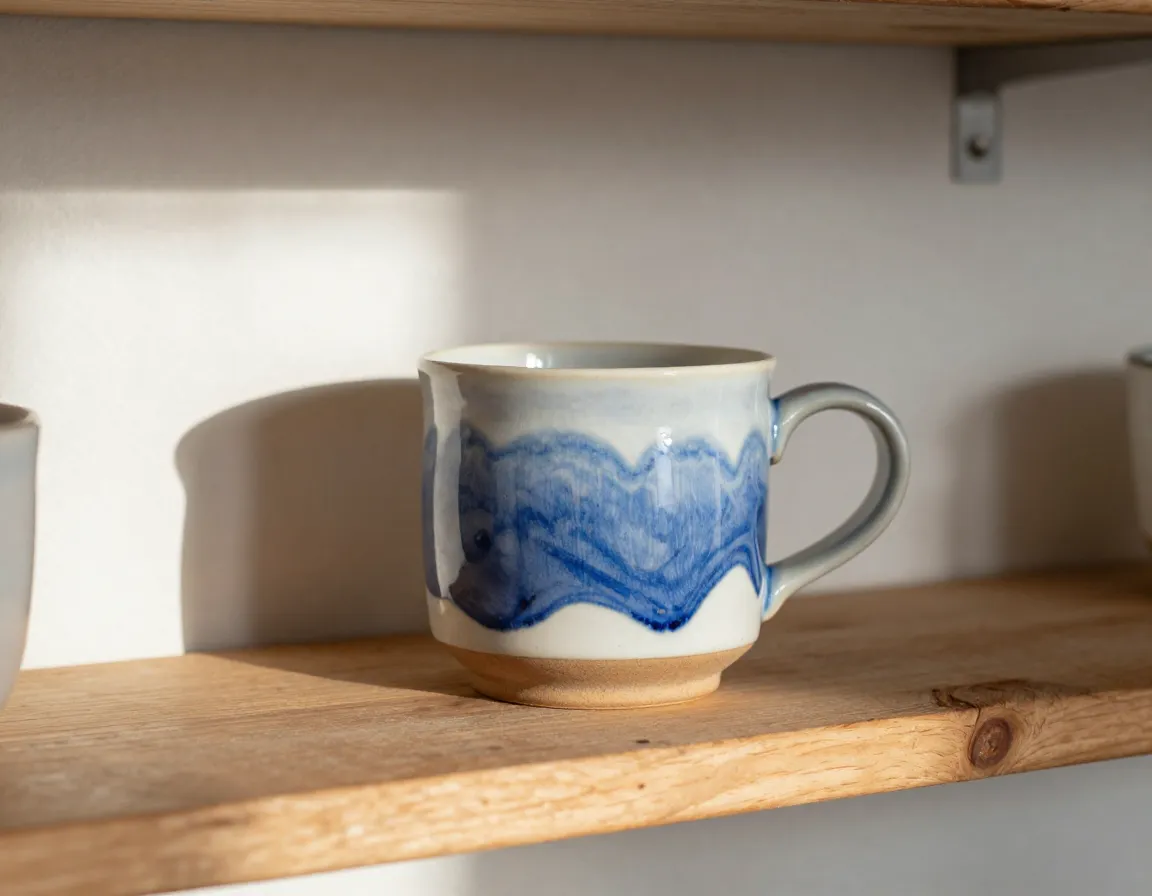 Artisanal ceramic mug with glaze on rustic shelf